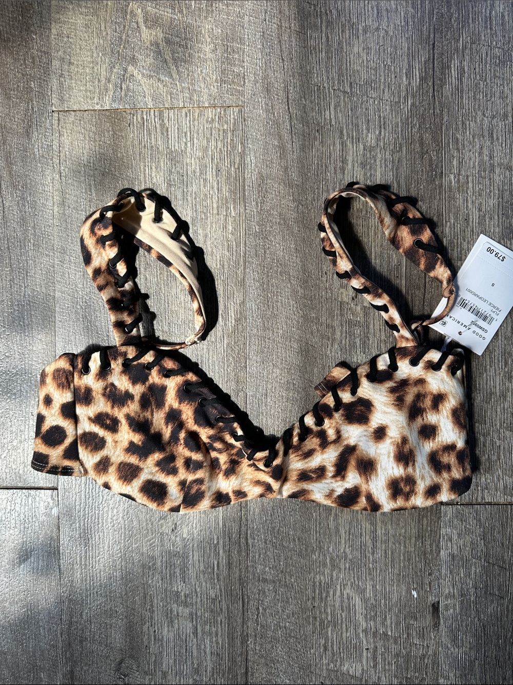 Good American Leopard-Print Lace-Up Bikini Top in Brown and Cream